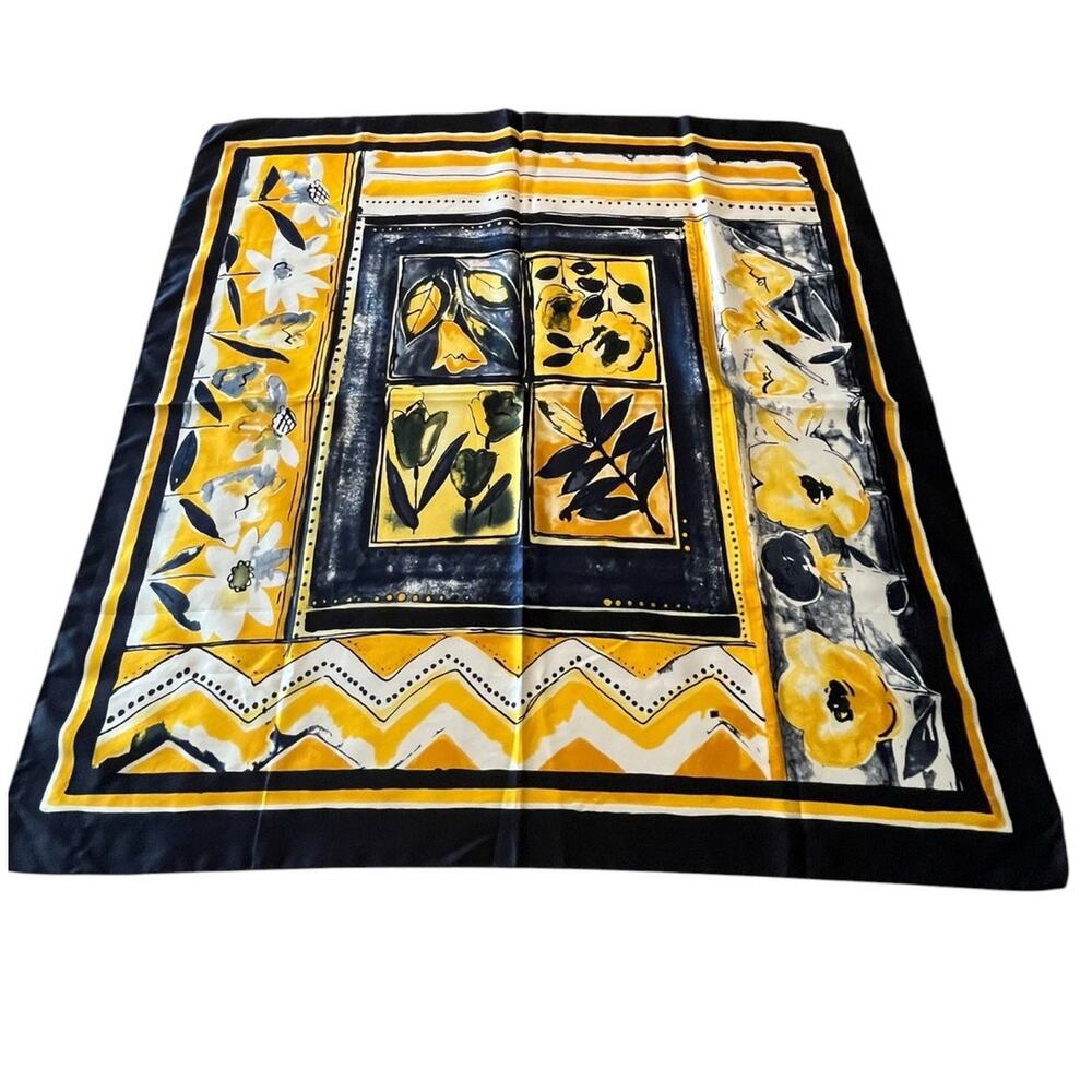 Vintage Womens Scarf Italy Floral Blue Yellow Square Classic Multifunctional